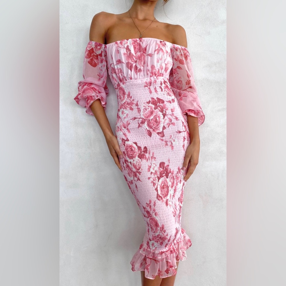 Floral off the shoulder long sleeve midi dress